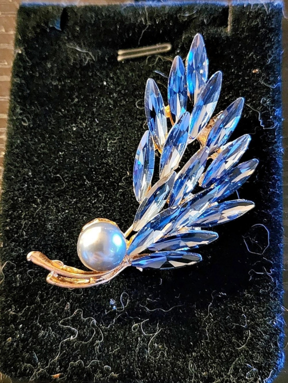 Blue Crystal Feather Brooch